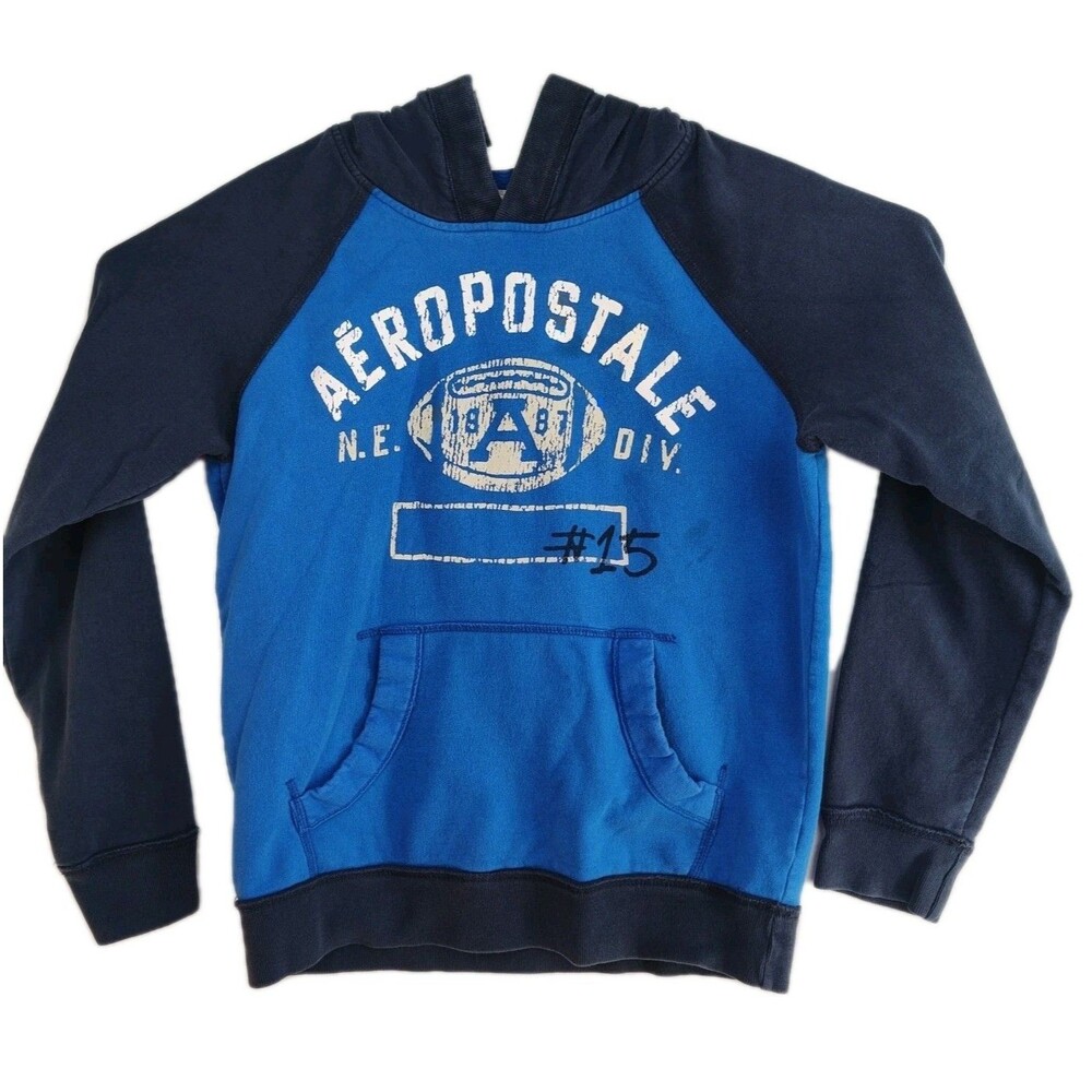 🔥 Aeropostale vintage hoodie sweatshirt, men's M, blues with large‎ logo VGC
